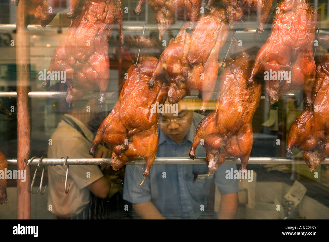 Chinesische Köche bereitet Essen in einem Restaurant hinter Enten hängen im Fenster, Gerrard Street, Chinatown London UK Stockfoto