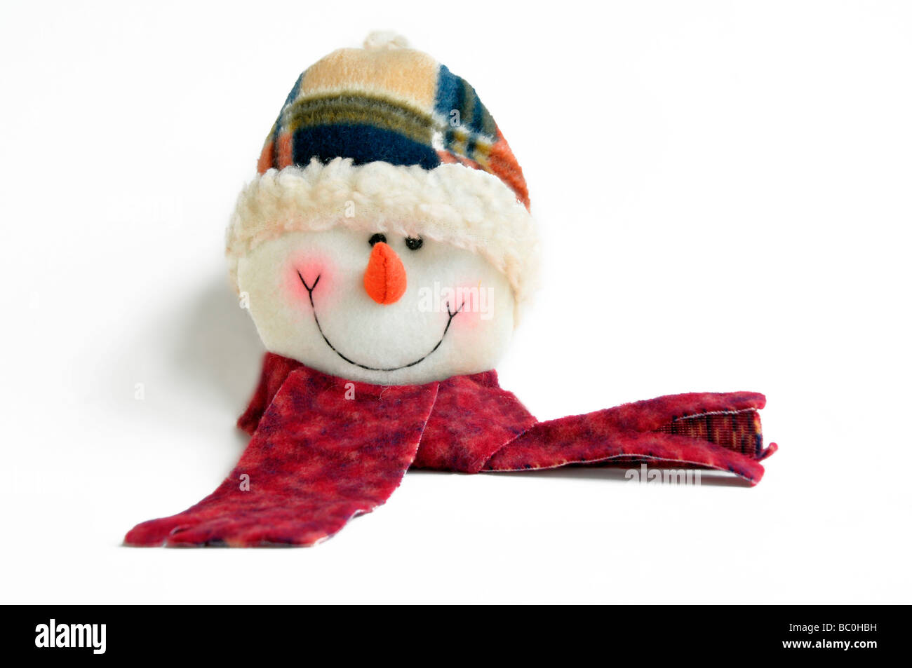 Eine Weihnachts-Dekoration eines Schneemannes Lächeln auf den Lippen. Stockfoto