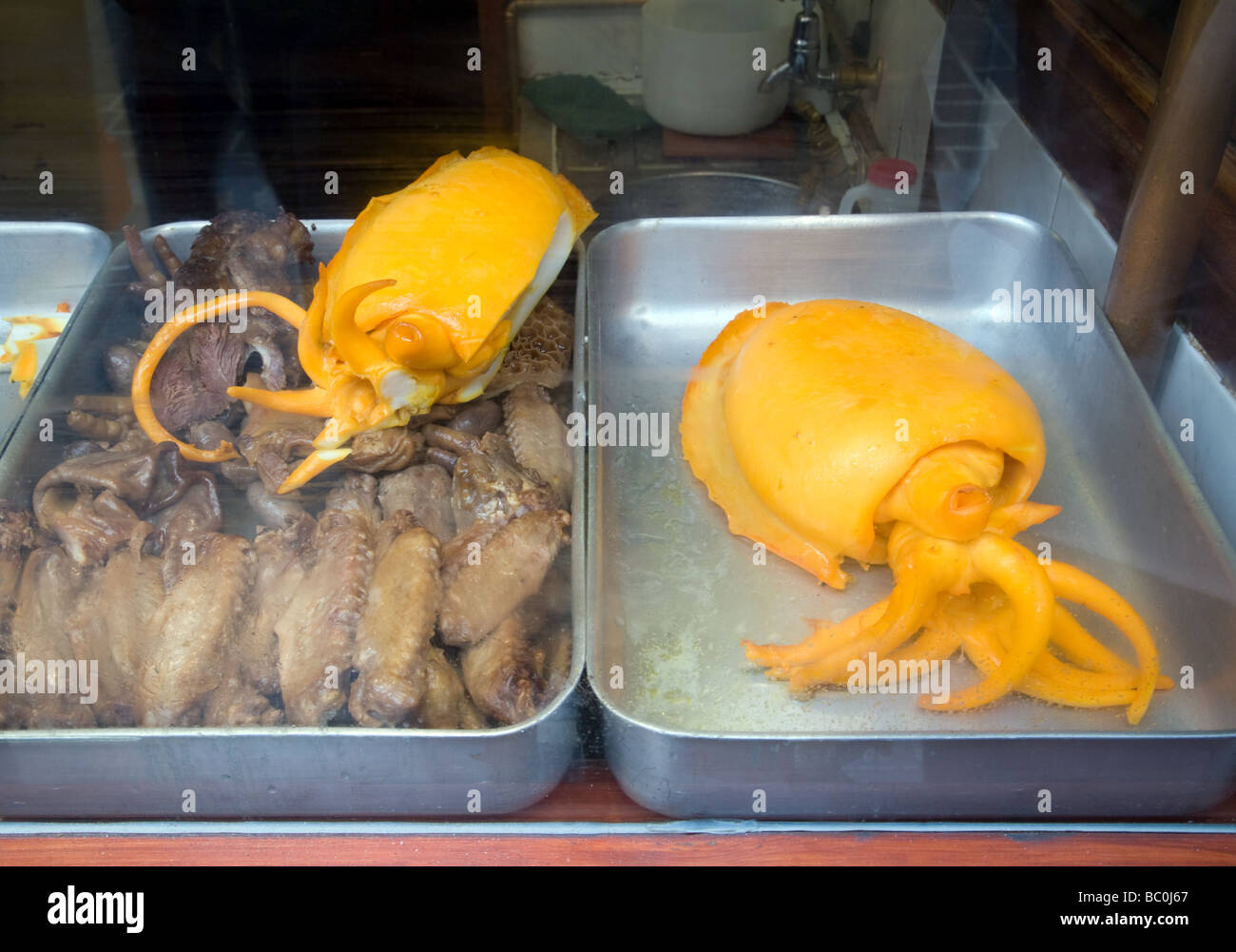 Kalmare und Fische zum Verkauf in einem chinesischen Restaurant, Gerrard Street, Chinatown, London, UK Stockfoto