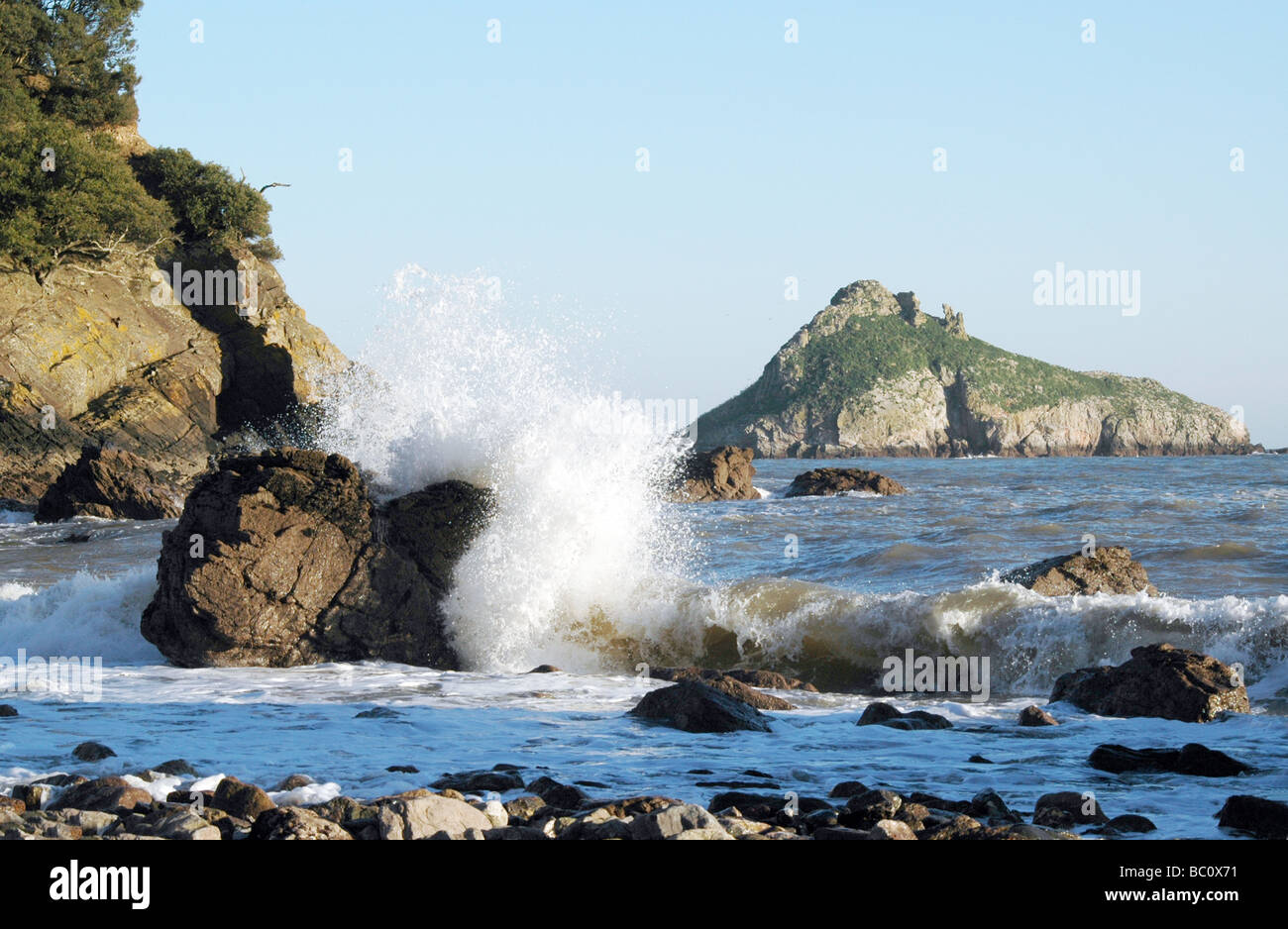 Thatcher Felsen in die Backgound in Torbay, Küste, Küste, Krabbe, Torquay, Devon, englische Riviera, Angeln, Insel, Rock, Stockfoto