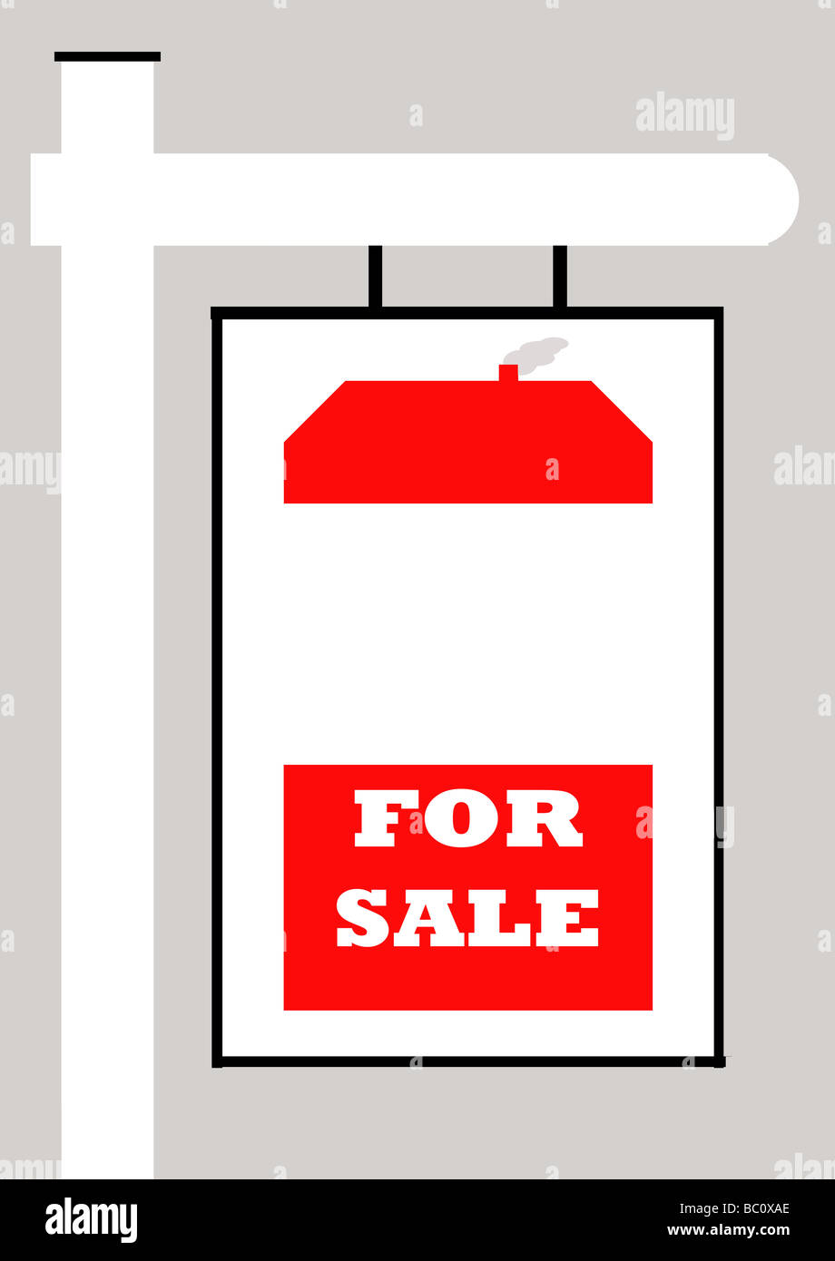 Für Verkaufsschild mit Haus isoliert auf grauem Hintergrund Stockfoto