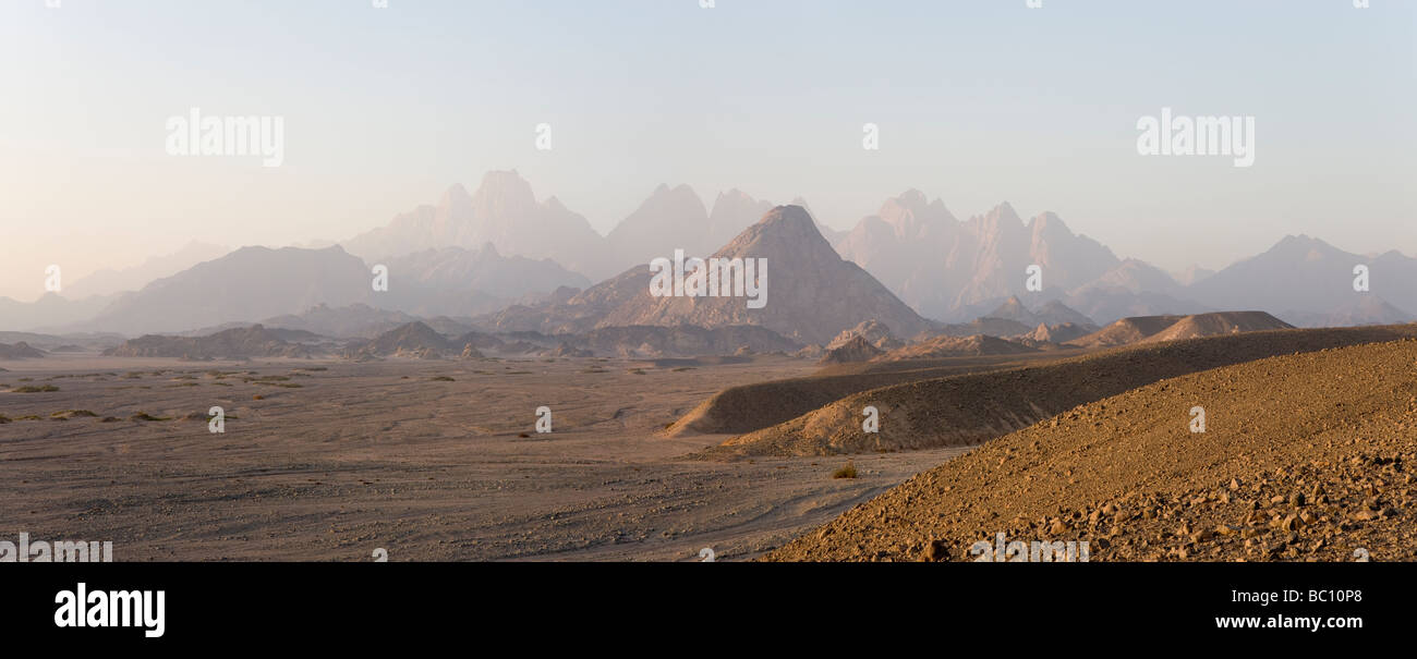 Panorama über Wüstenboden zu fernen Bergketten im frühen Morgenlicht, Östliche Wüste von Ägypten, Afrika Stockfoto