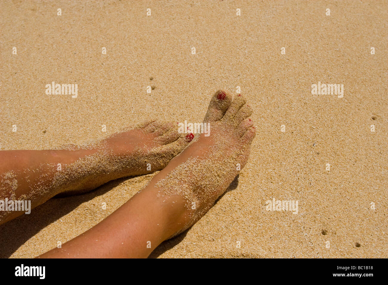Die Füße einer Frau am Strand Stockfoto