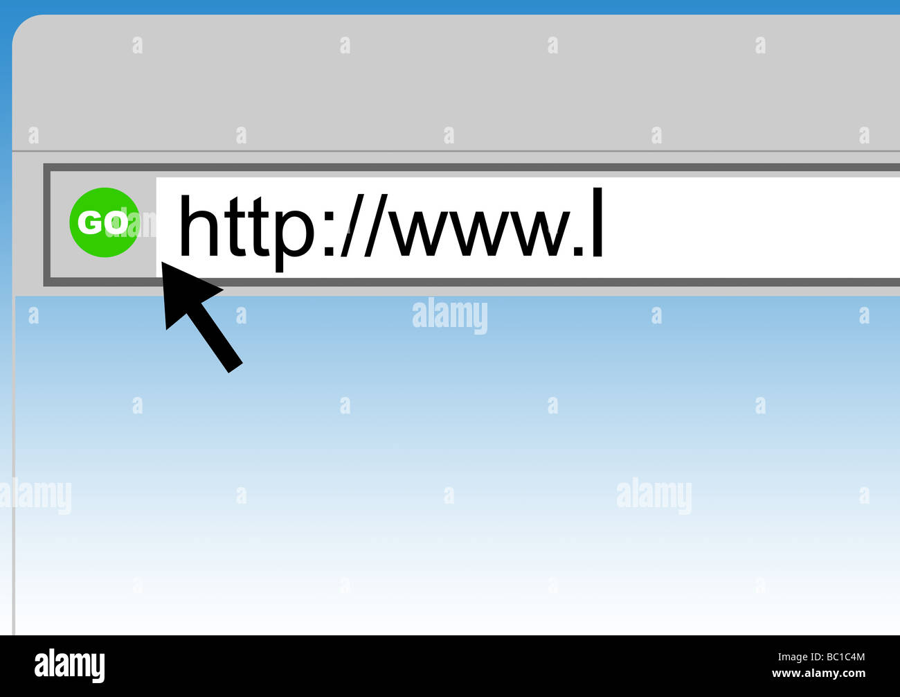 World Wide Web-Browser-Hintergrund mit Cursor Pfeil grüne Taste und Kopie Stockfoto
