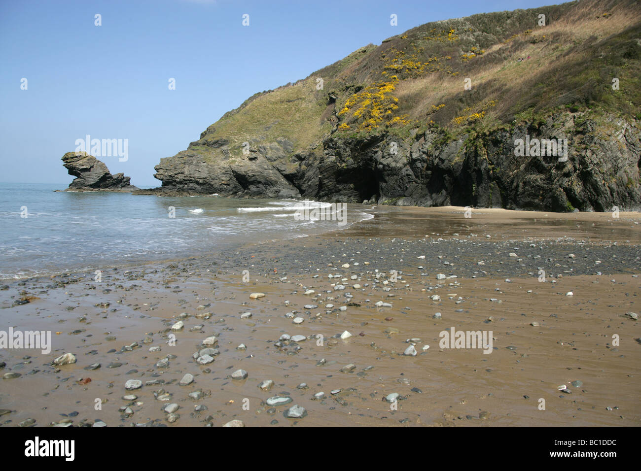 Das Dorf Llangranog, Wales. Blick auf Llangranog Strand an einem sonnigen Tag mit Bicas Felsen im Hintergrund. Stockfoto