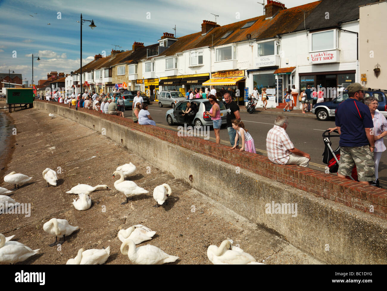 Tagesausflügler. Pier Road, Fluss Arun, Littlehampton, West Sussex, England, UK. Stockfoto