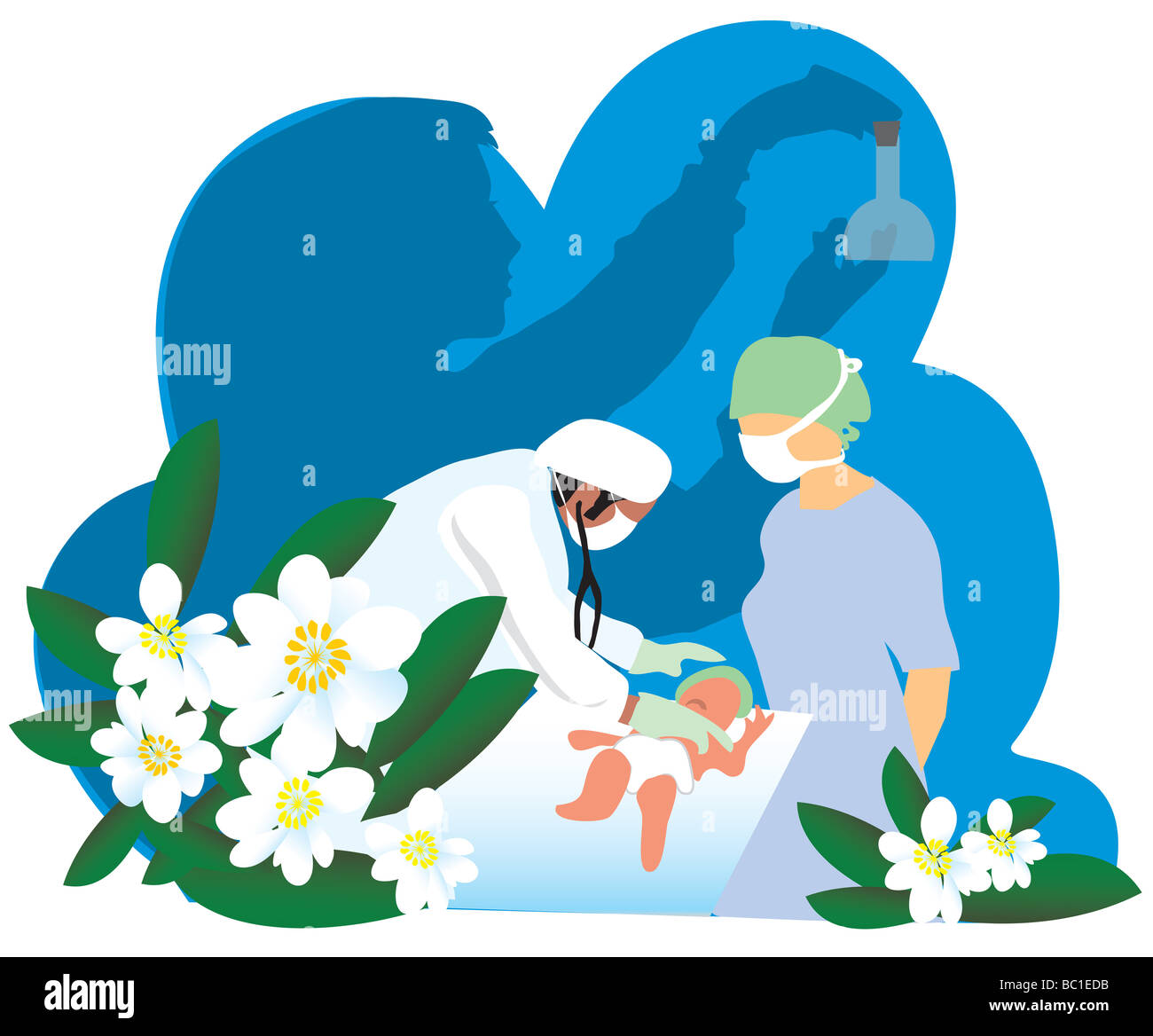 Illustration von homöopathischen Kinderarzt Arzt und Krankenschwester untersuchen schreiendes baby Stockfoto