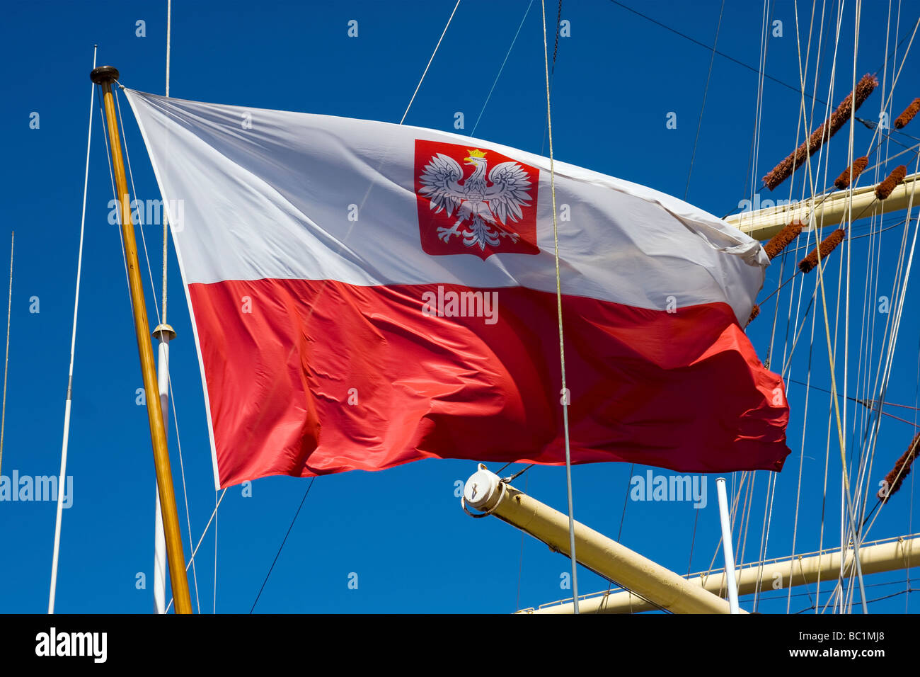 Flagge von Polen bei DAR MLODZIEZY Segeln Schiff während des Aufenthaltes in St.Petersburg Russland 21 06 2009 Stockfoto
