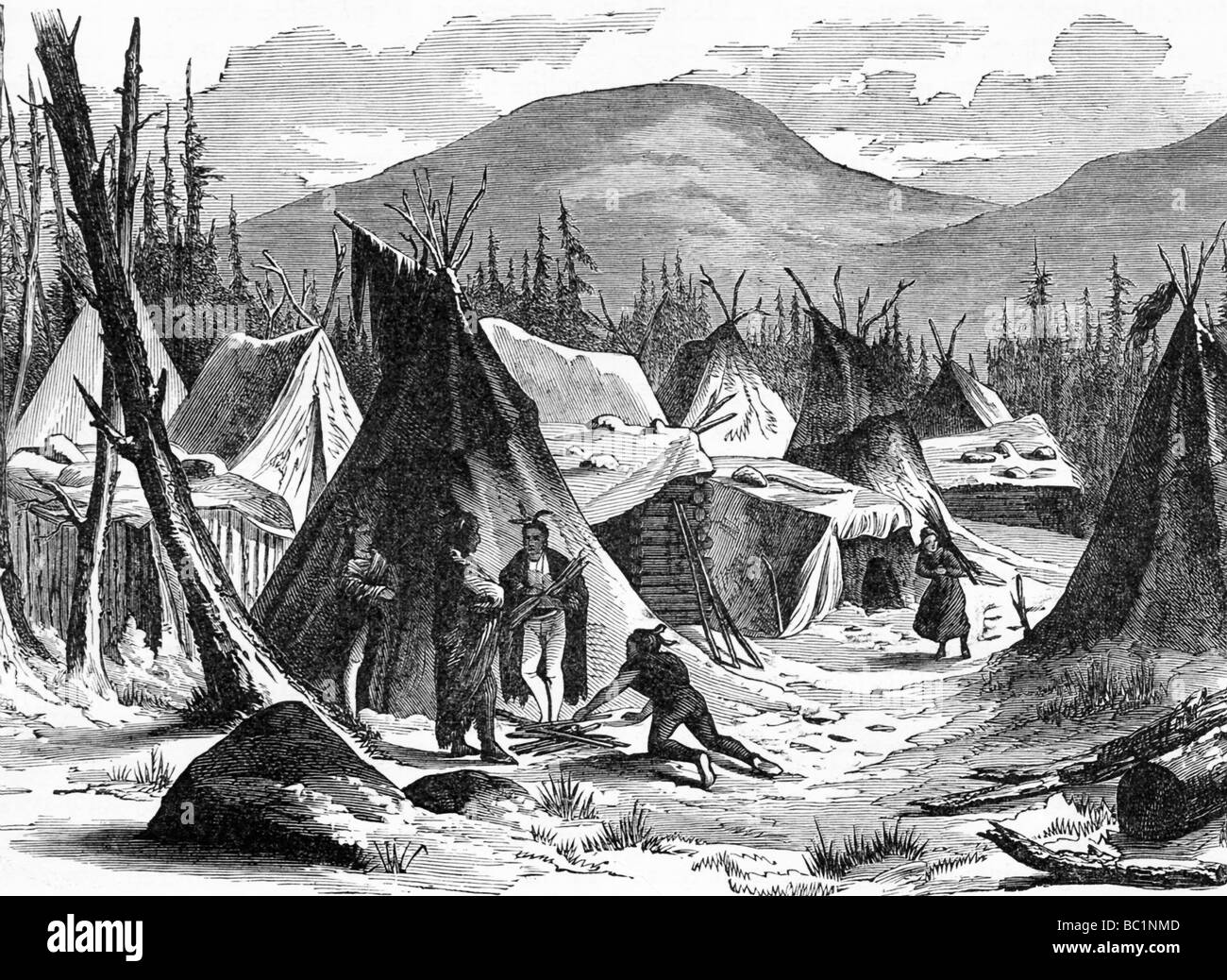 1890er Jahren folgende Abbildung zeigt einen indianischen Dorf im Winter. Stockfoto