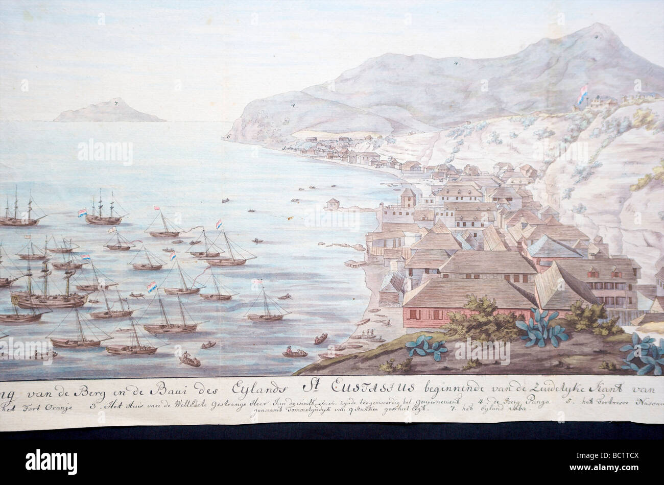 Historische Zeichnungen des Hafens von kolonialen Sint Eustatius Stockfoto