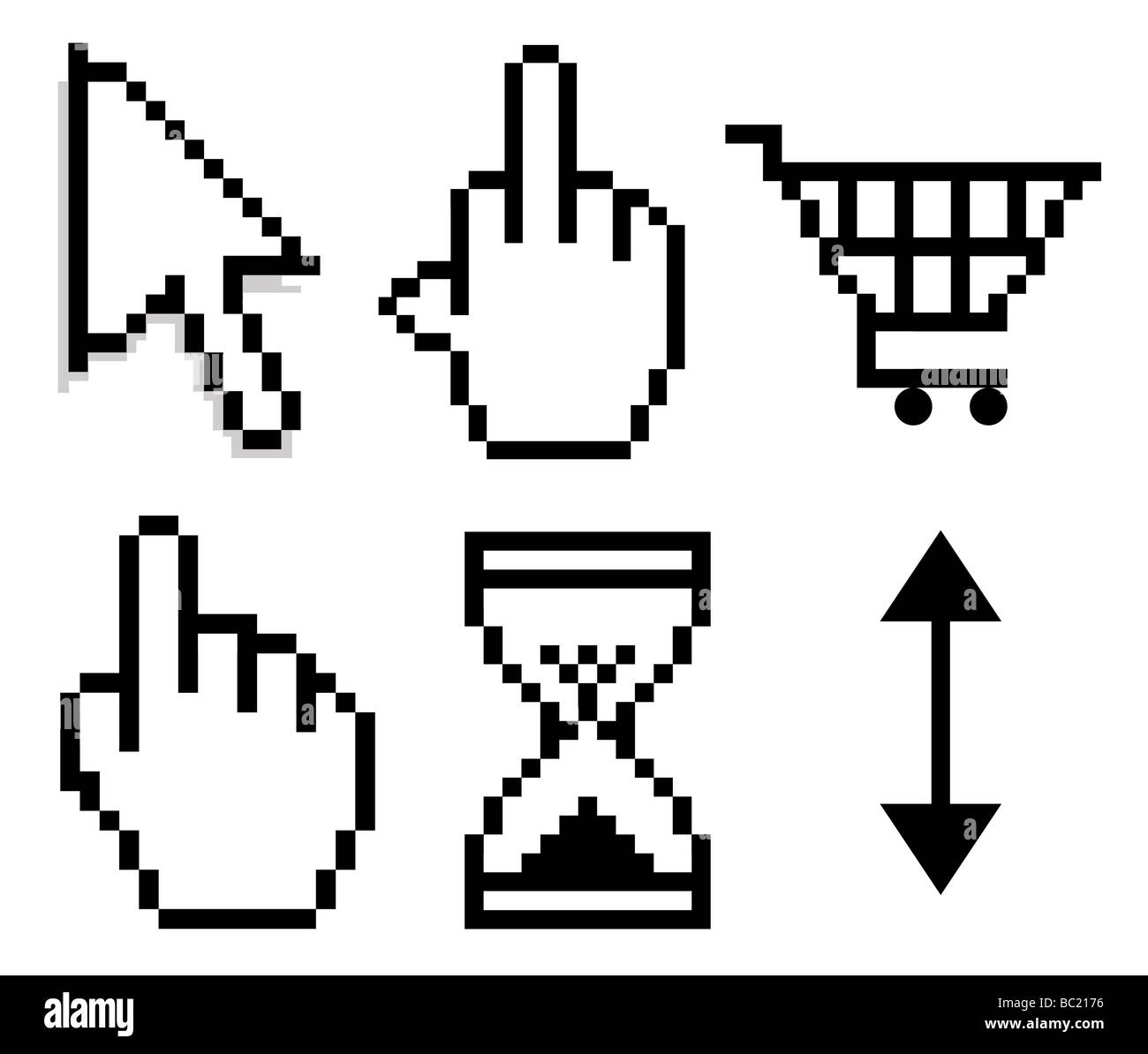 Satz von Schwarz Computer-Cursor und Icons isoliert auf weißem Hintergrund mit Beschneidungspfad Stockfoto