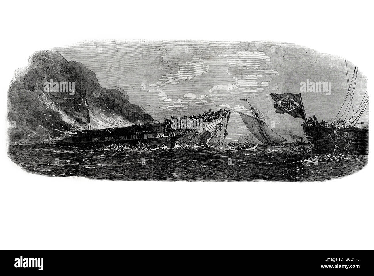 Verbrennung von Ocean Monarch Auswanderer-Schiff gezeichnet von Morel-Fatio Skizzenbuch von Prince de joinville Stockfoto