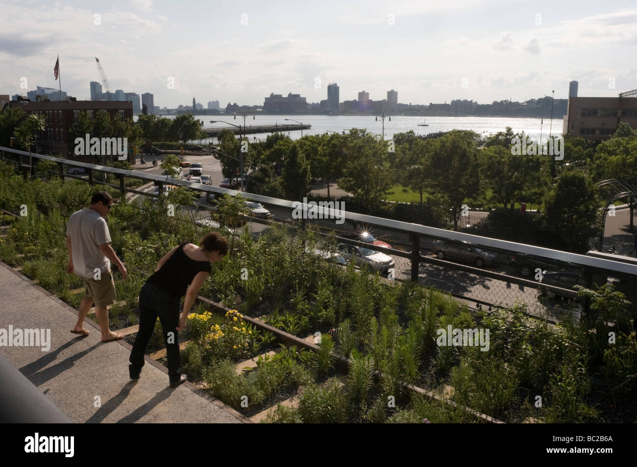 Besucher betrachten Blumen auf den alten Spuren der neuen Highline Park Stockfoto