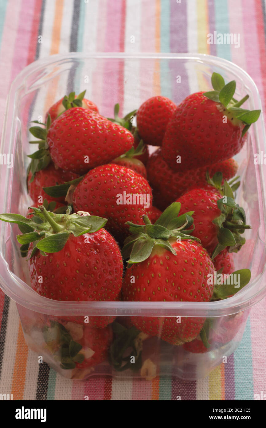 Körbchen Erdbeeren auf bunte Tischdecke Stockfoto