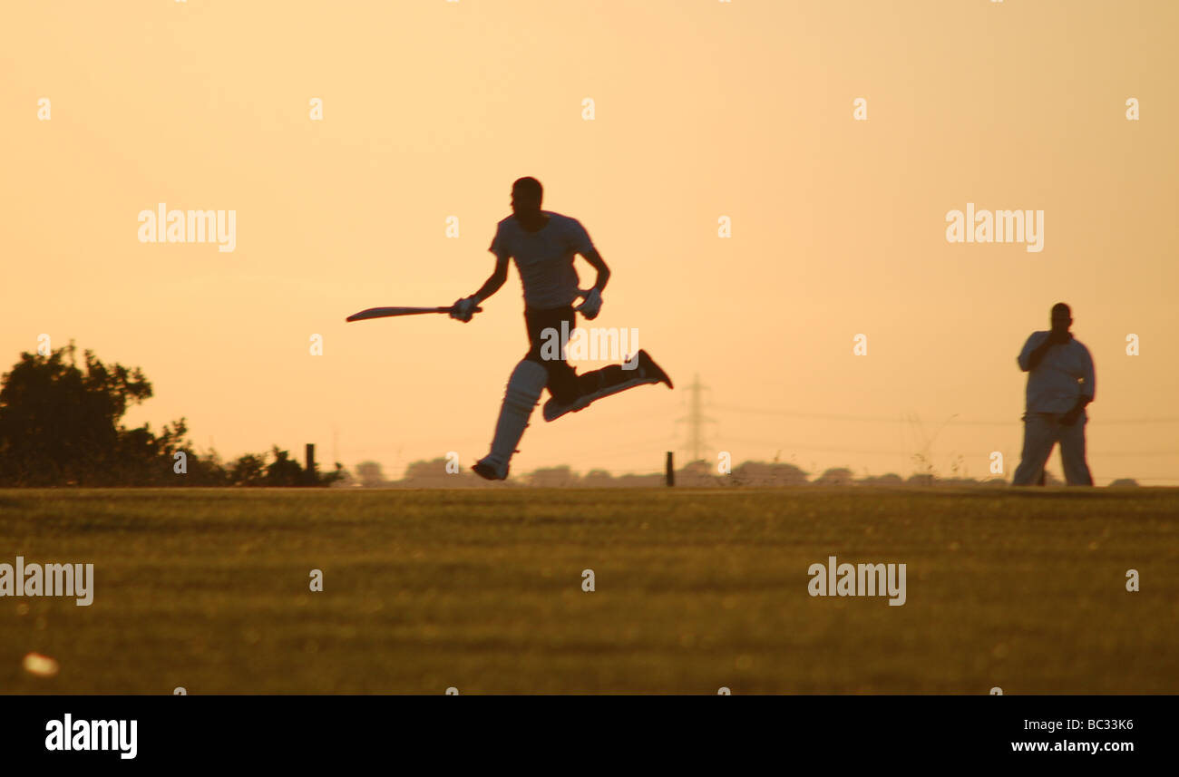 Cricket-Spieler Rennen, um die Stümpfe zu erreichen. Stockfoto