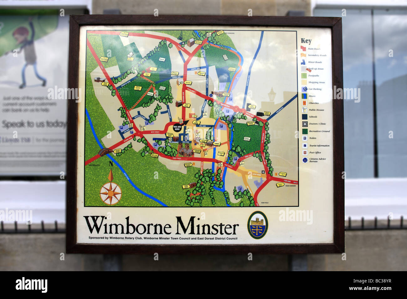 Wimborne Minster Stadtplan und Reiseführer Stockfoto