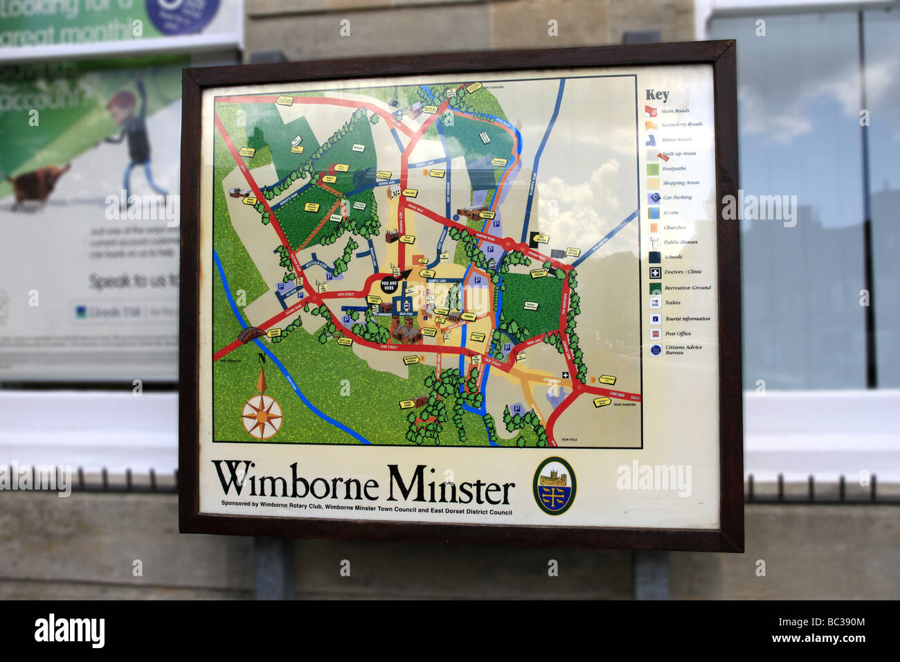 Wimborne Minster Stadtplan und Reiseführer Stockfoto