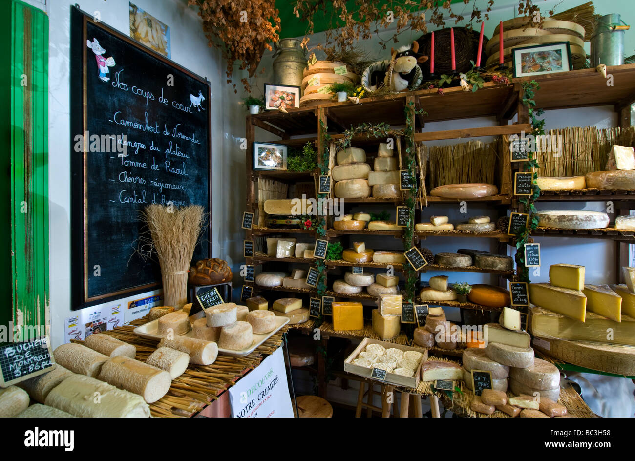 FRANZÖSISCHER KÄSELADEN FRANKREICH Auswahl an handgefertigten Käsesorten im rustikalen, handwerklich hergestellten Käseladen „Caseus“ Montreuil sur Mer France Stockfoto