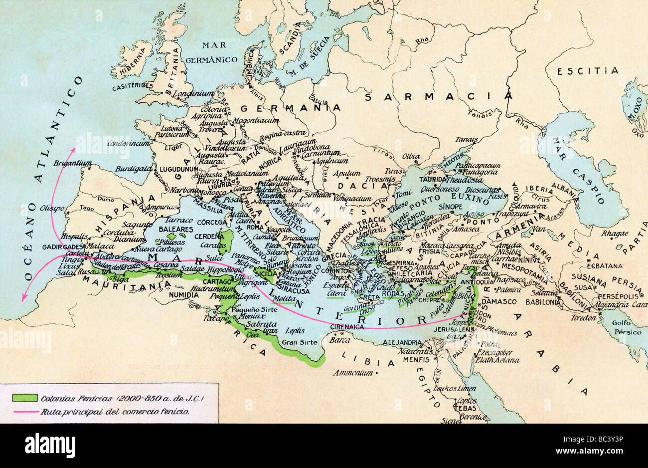 Phönizische Kolonien und Einflussgebiet im Mittelmeer, 200 bis 850 v. Chr. siehe Schlüssel in Beschreibung unten. Stockfoto