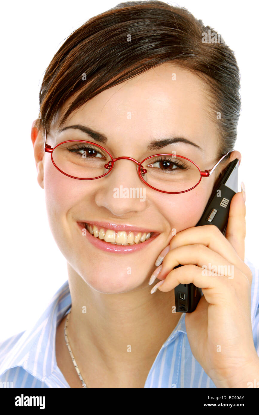 Geschaeftsfrau Telefoniert Mit Dem handlichen Business-Frau mit Handy Stockfoto