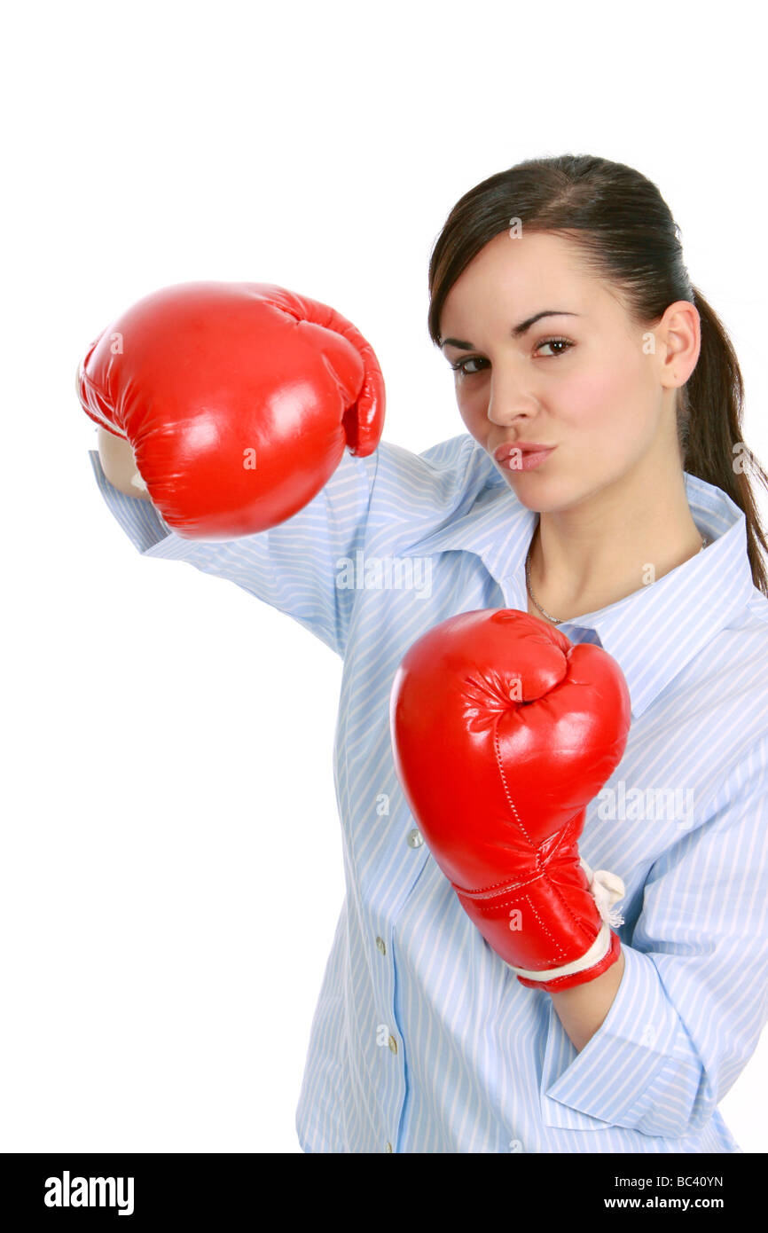 Geschäftsfrau boxed Sitsch Durch Business-Frau kämpfen mit Sport Boxhandschuhe Stockfoto