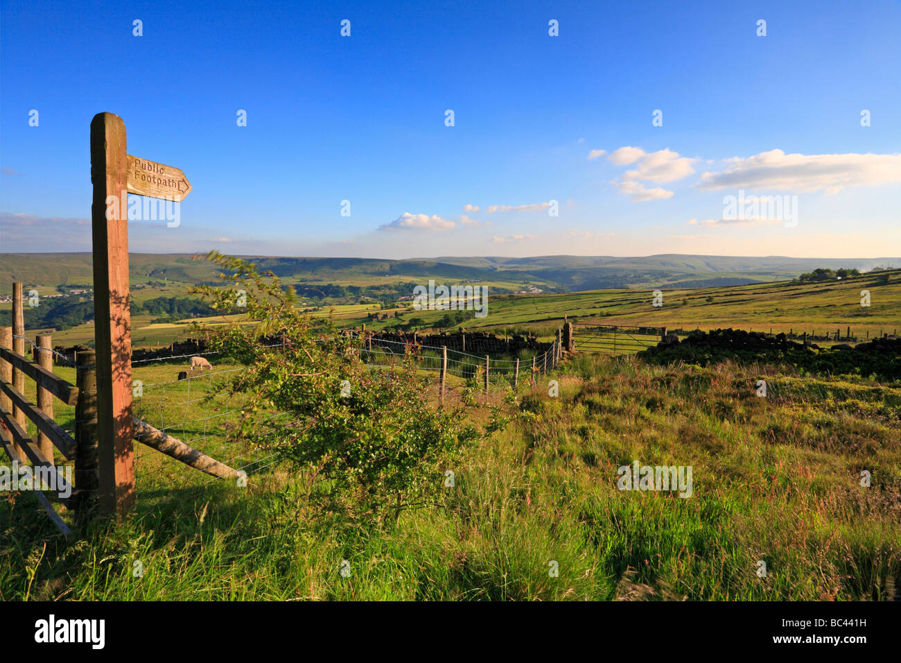 Holz- Wanderweg Schild nahe, Todmorden, West Yorkshire, England, UK. Stockfoto