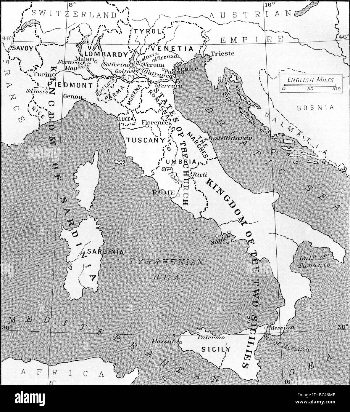 Karte von Italien im Jahre 1815. Stockfoto