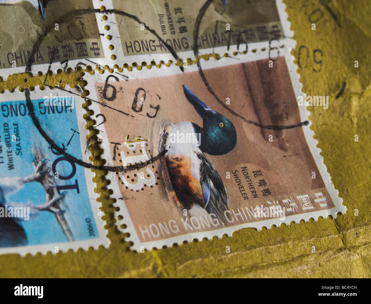 Briefmarken in einem Umschlag aus Hong Kong. Stockfoto