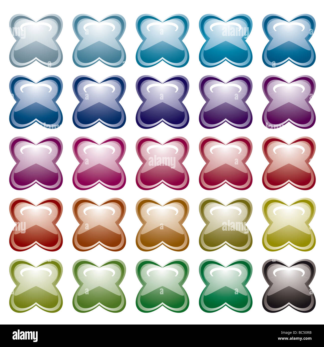 Sammlung von fünfundzwanzig farbigen Ikonen mit Lichtreflexion und Schatten Stockfoto