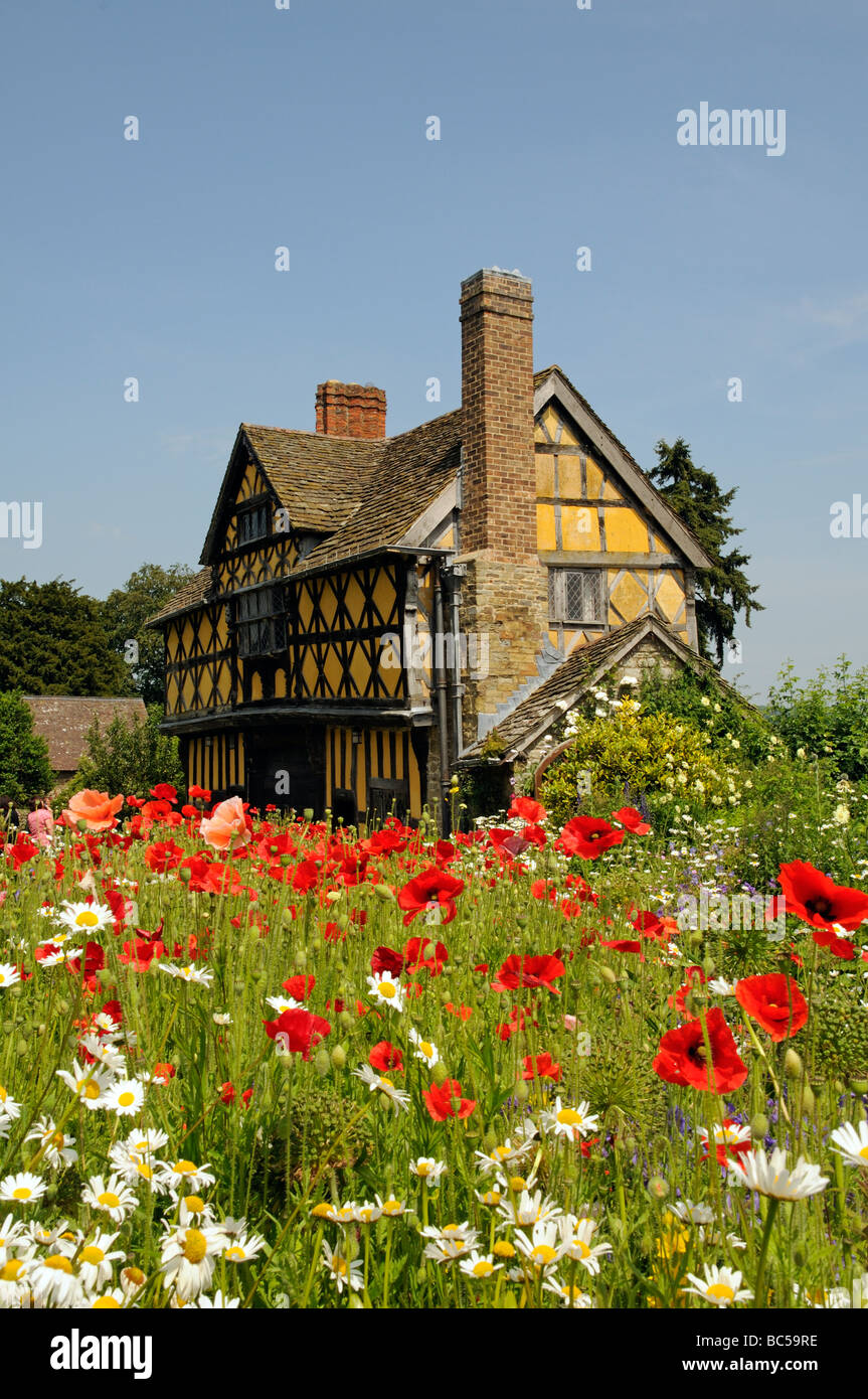 Stokesay Castle Torhaus wilde Blumen wachsen im Rathaushof Shropshire England UK Stockfoto