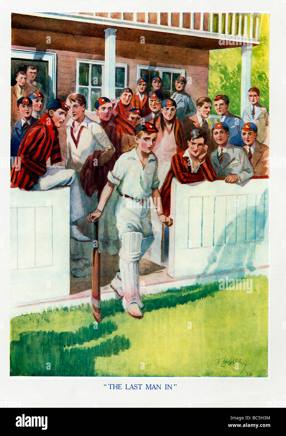 Letzte Mann In 1920er Jahren Außenillustration ein Schuljunge Cricket-Held beginnt seine langen Spaziergang an der Falte Stockfoto