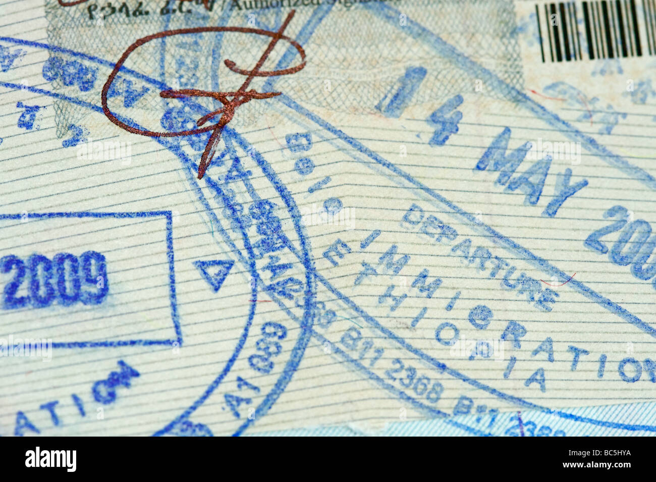 Seite der Pass mit Einreisestempel für Äthiopien Stockfoto
