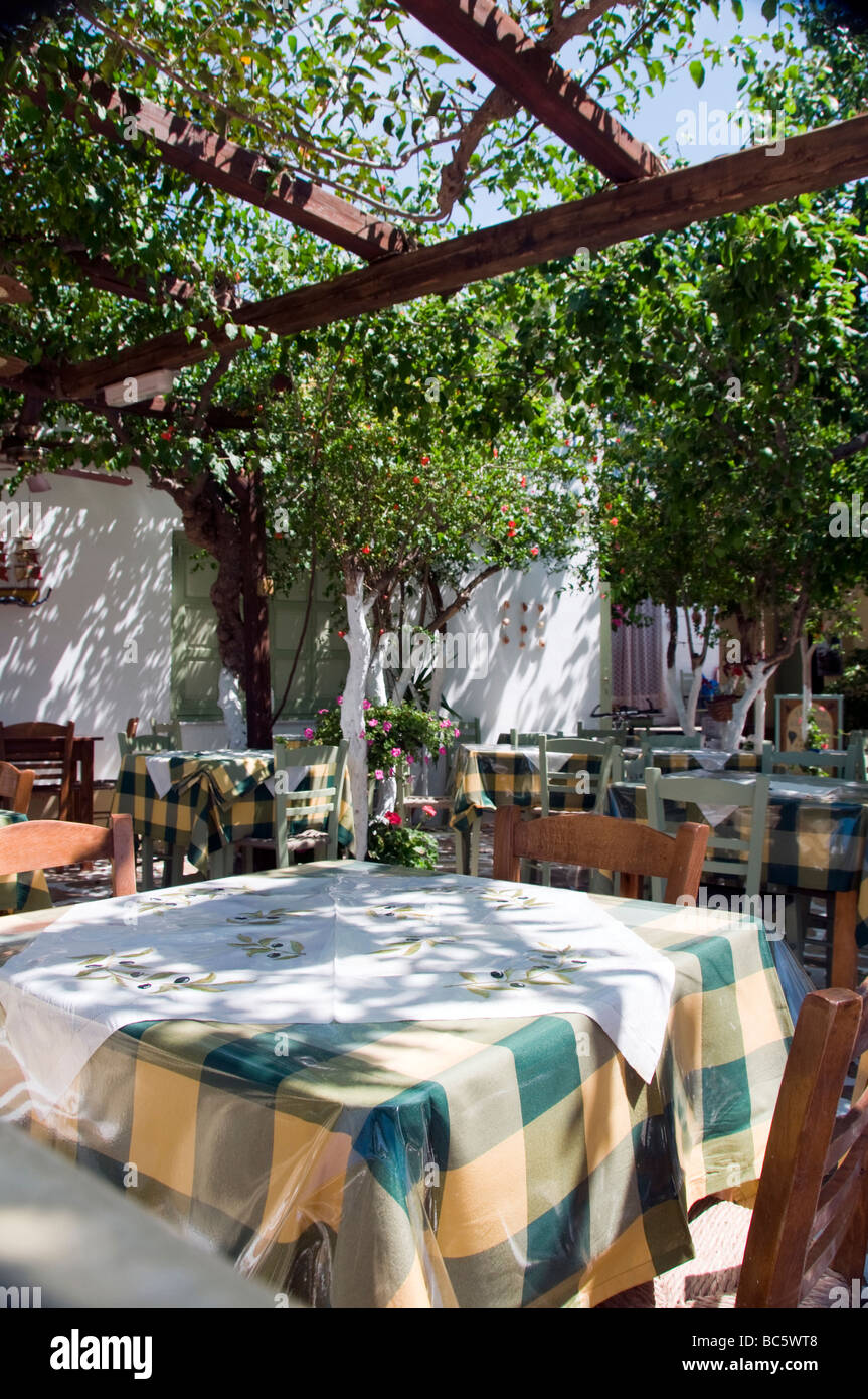 typische griechische Insel Taverne Restaurant mit klassischer griechischer Stühle im Garten auf Insel Antiparos-Griechenland Stockfoto