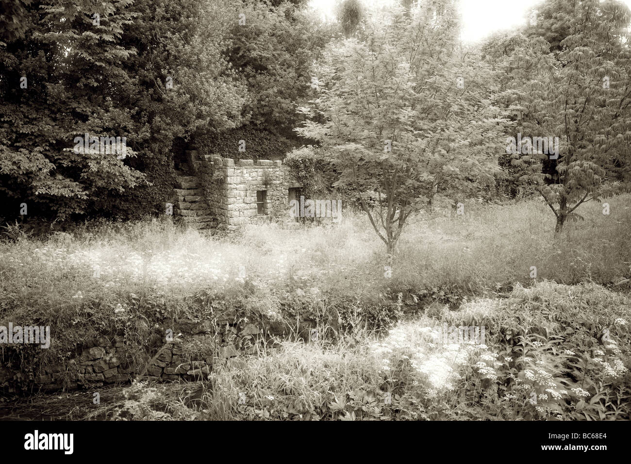 Sepia Schuss der steinerne Ruine in einem verwilderten geheimen Garten mit romantischen weiches Licht Stockfoto