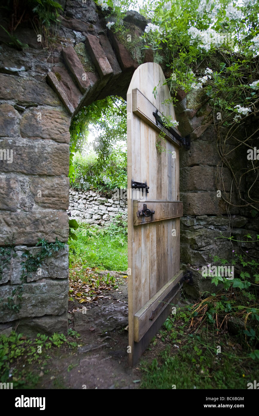 Traditionelle Eiche halb offene Tür in Gartenmauer mit Stein umgibt und Arch, überragt mit Pflanzen und Efeu Stockfoto