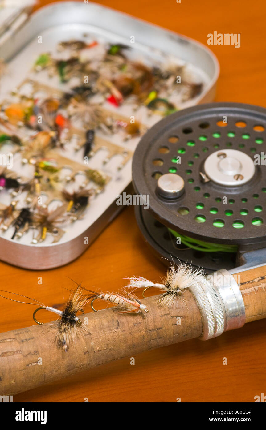 Fliegen mit Rute Rolle und Fly-box Stockfoto