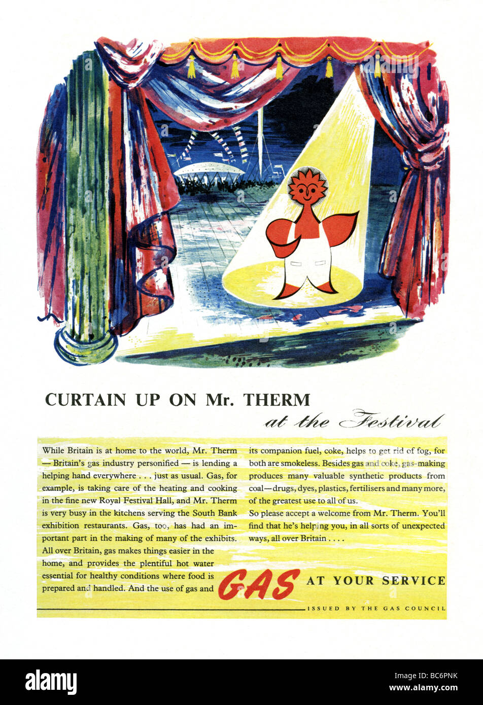 1951-Farbe Anzeige für die British Gasindustrie mit Herrn Therm Stockfoto