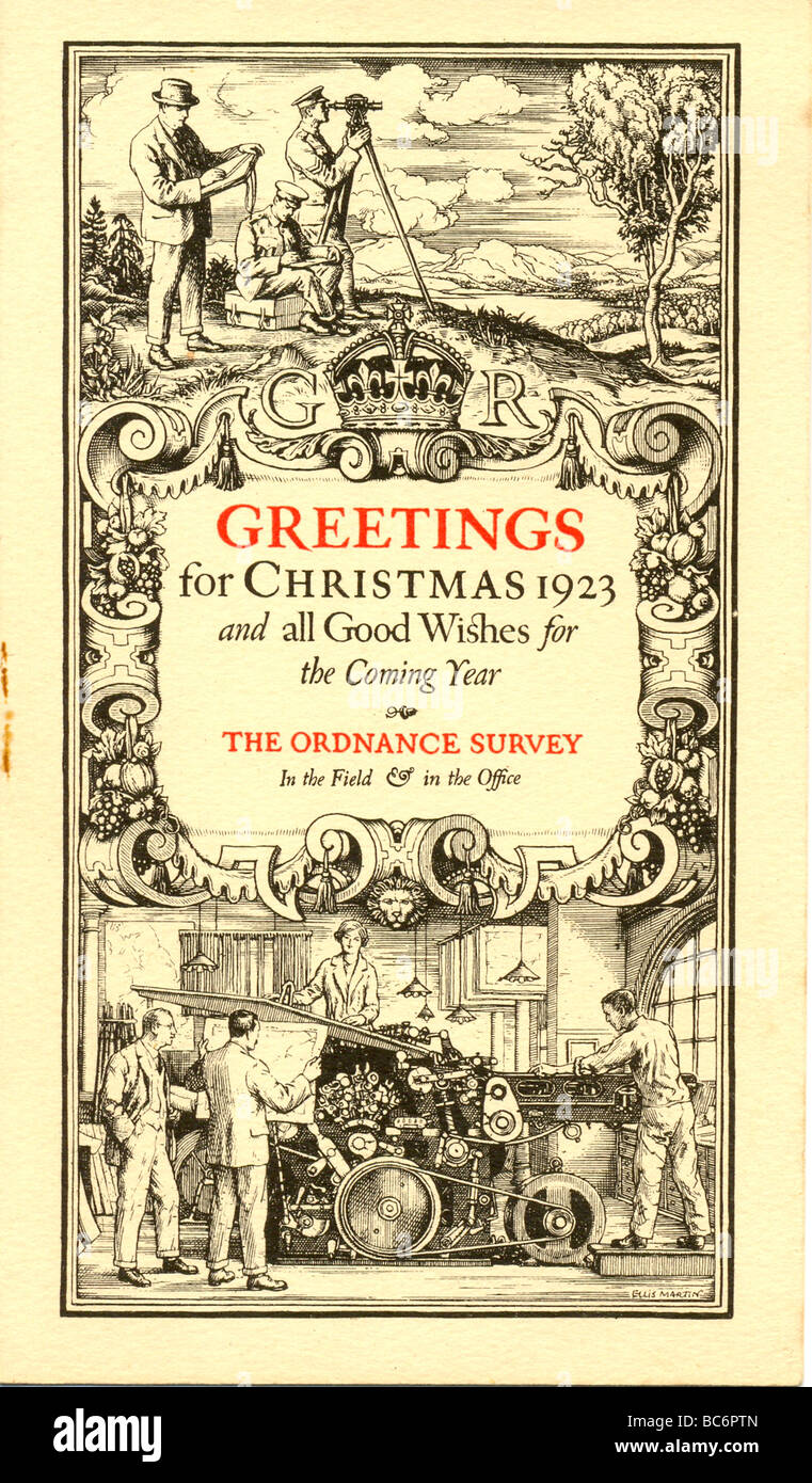 Weihnachtsgrußkarte für 1923 von Ordnance Survey Office, London geschickt. Stockfoto