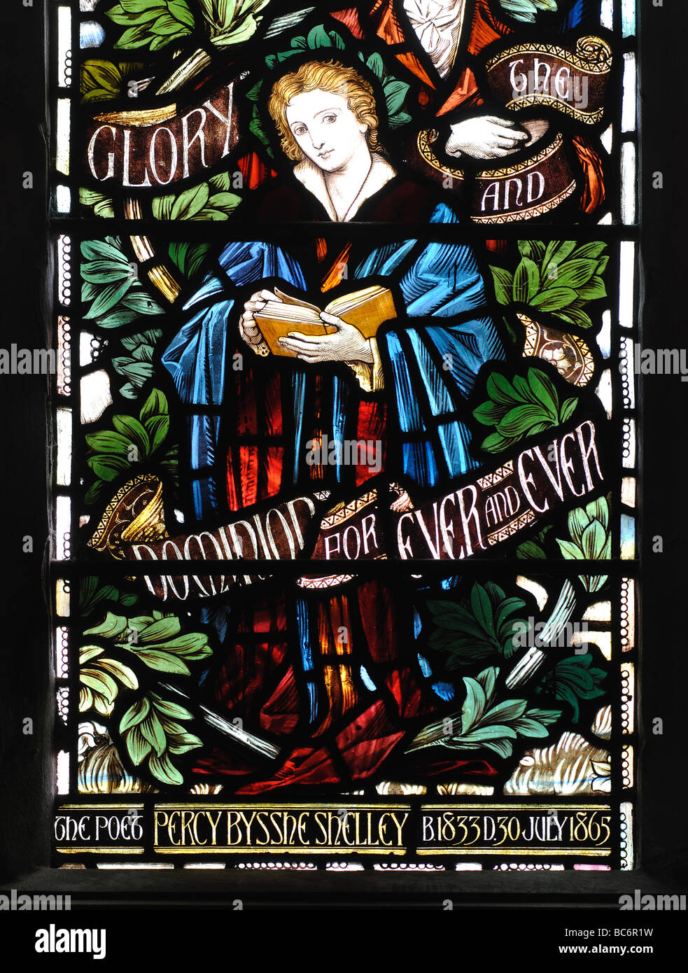 Glasmalerei von Percy Bysshe Shelley in St. Maria und St. Bartholomä, Hampton-in-arden, West Midlands, England, Großbritannien Stockfoto
