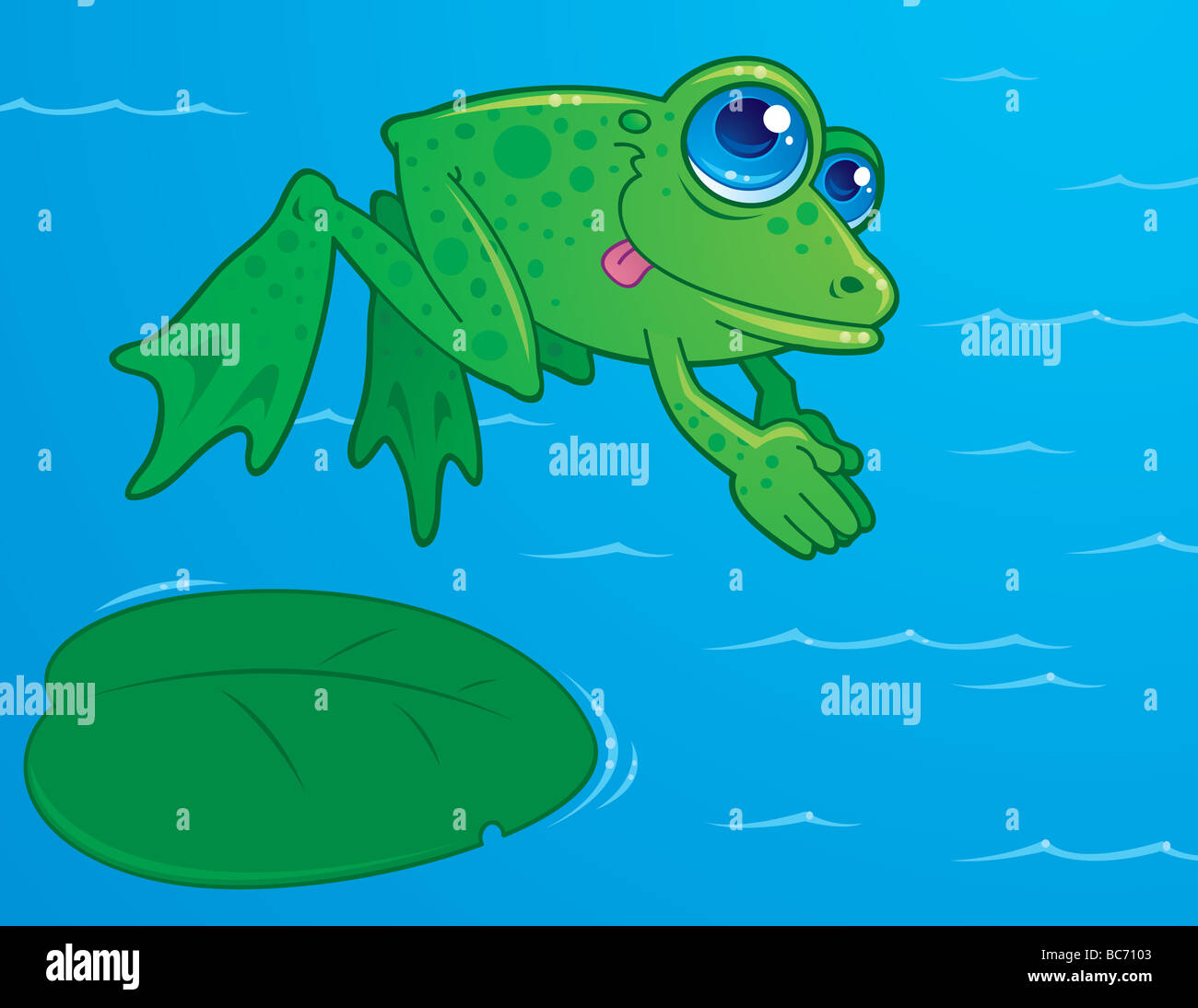 Zeichnung eines niedlichen Frosch aus ein Seerosenblatt ins Wasser tauchen. In einem humorvollen Cartoon-Stil gezeichnet. Stockfoto