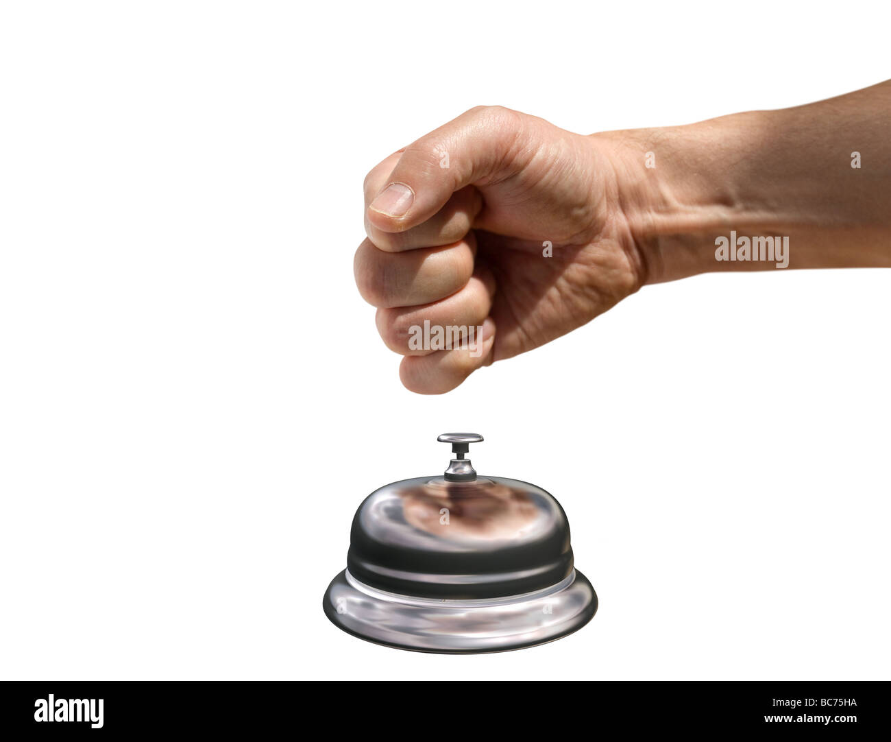 Isolierte Abbildung einer Faust schlug eine Rezeption Glocke für Aufmerksamkeit Stockfoto