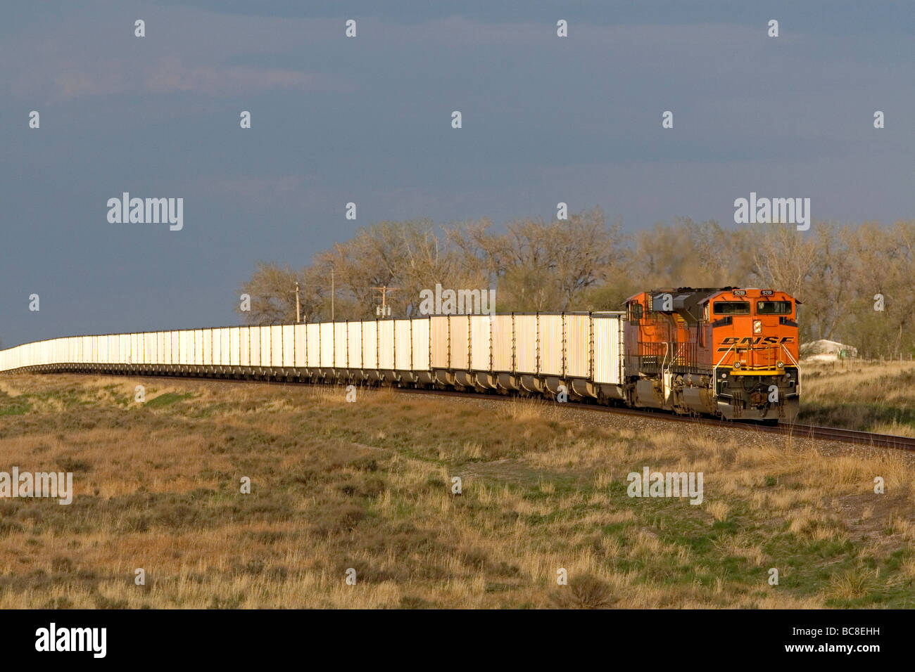 BNSF Railway Güterzug schleppen Kohle Autos in der Nähe von Ft Morgan Colorado USA Stockfoto