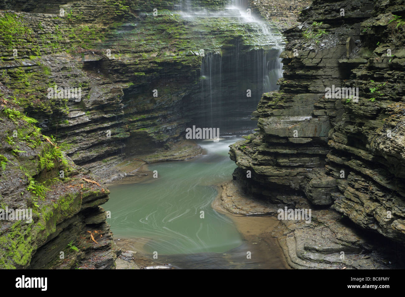 Wasserfall und Bach schlängelt sich durch ausgewaschene Schlucht Watkins Glen State Park New York Stockfoto