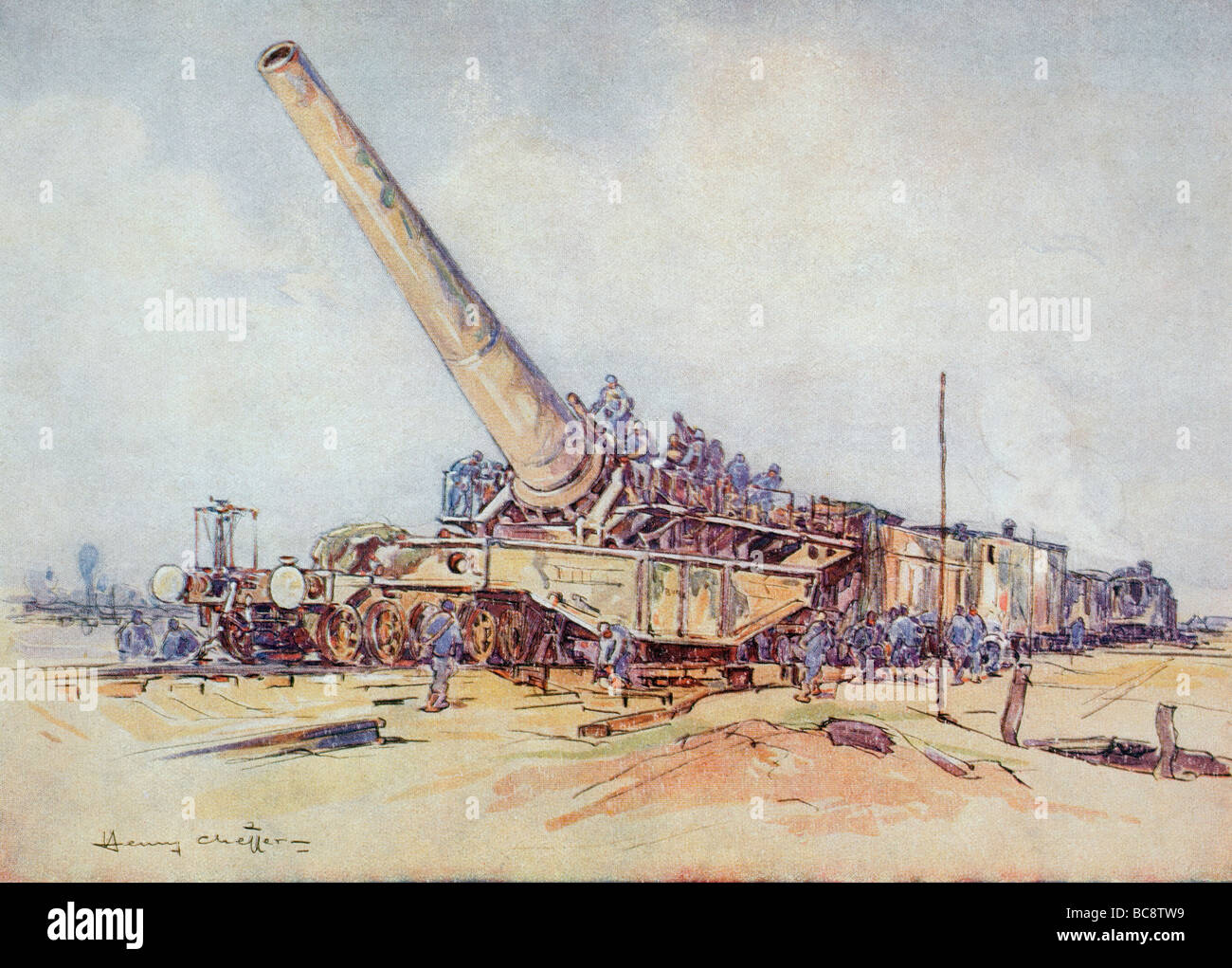 Ein 400mm-Eisenbahn-Haubitze in Aktion im ersten Weltkrieg. Stockfoto