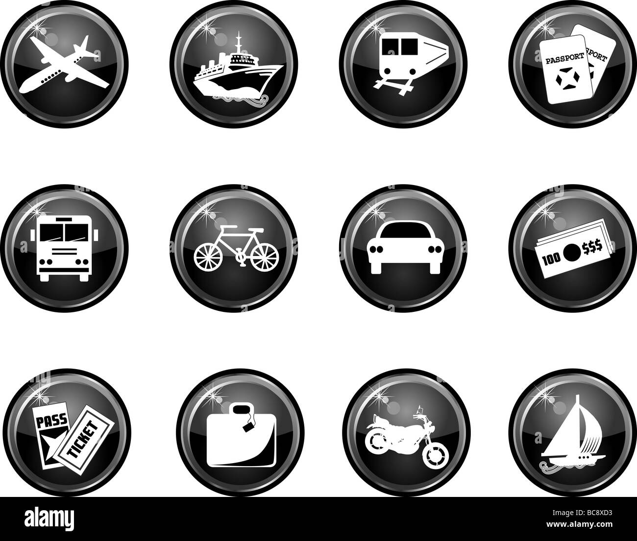 Zwölf glänzende Vektor-Travel-Icons. Leicht zu entfernen schwarz oder Farbe, siehe meine andere ICONS ändern. Stockfoto