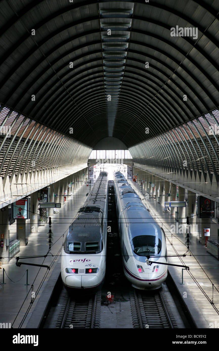 Hochgeschwindigkeitszüge AVE sind am Bahnhof Santa Justa in Sevilla geparkten gesehen. Stockfoto