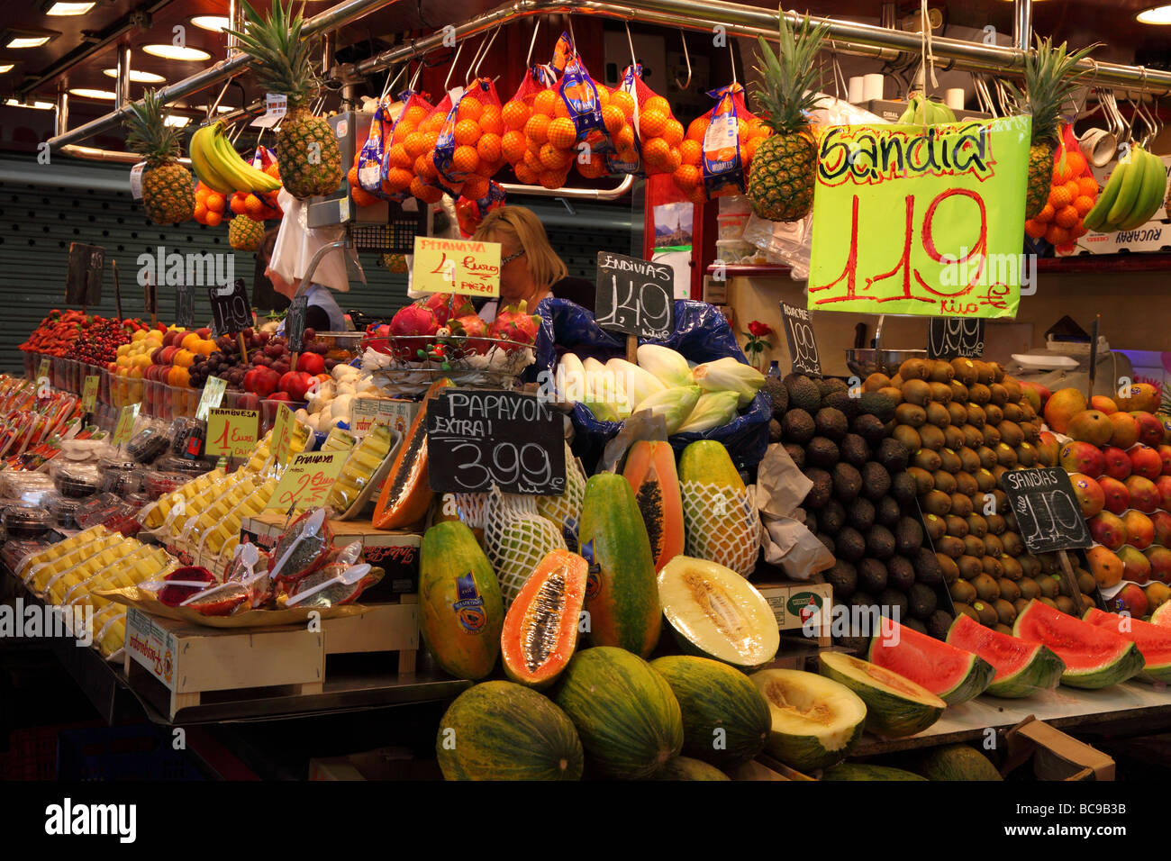 Obst stall La Boqueria Markt Halle Barcelona-Catalunya Spanien Stockfoto
