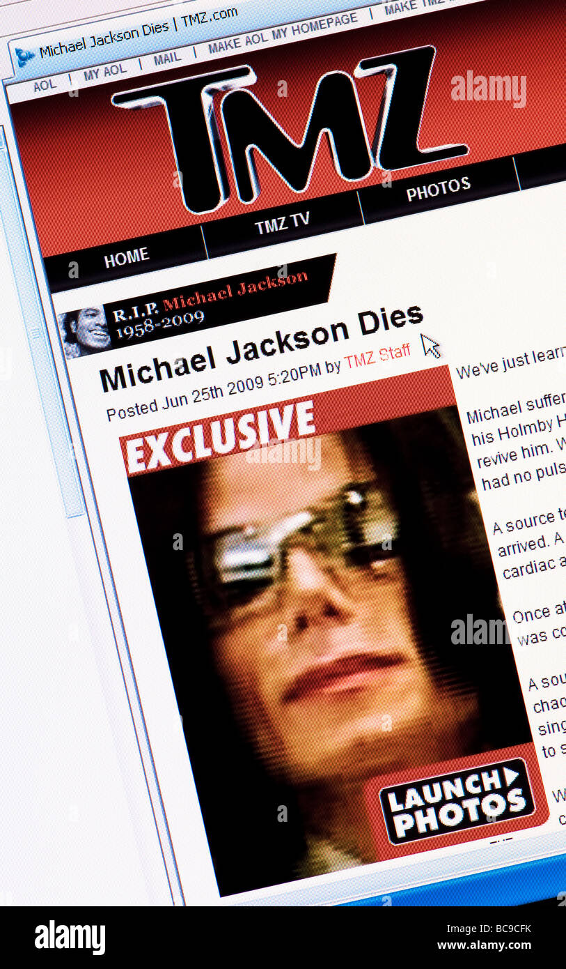 Screenshot von Promi-News-Website TMZ bricht die Nachricht von Michael Jacksons Tod im Juni 2009 (nur zur redaktionellen Verwendung). Stockfoto