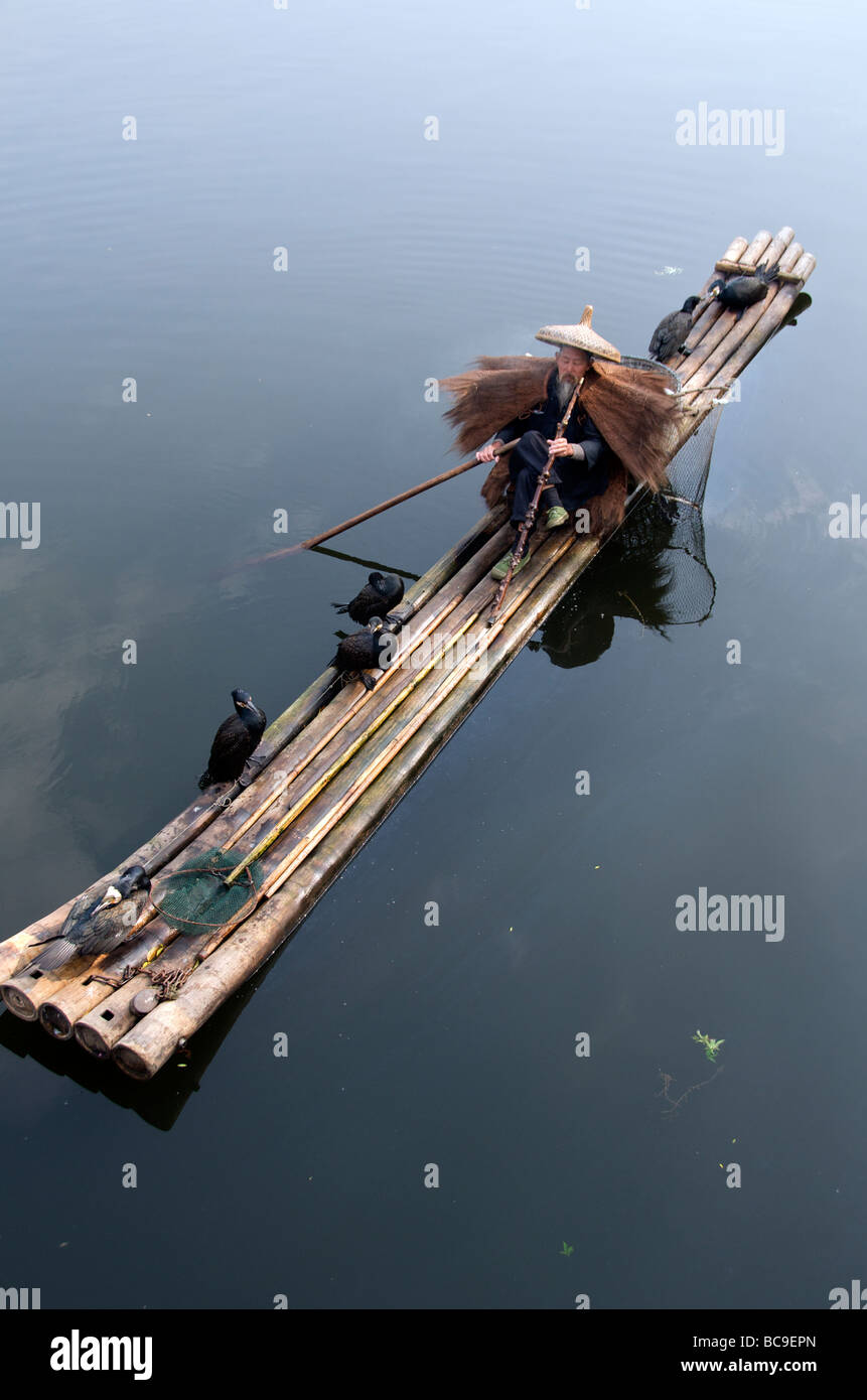 Kormoran Fischer Pfeife auf Bambus-Floß Yangshuo Guangxi China Stockfoto