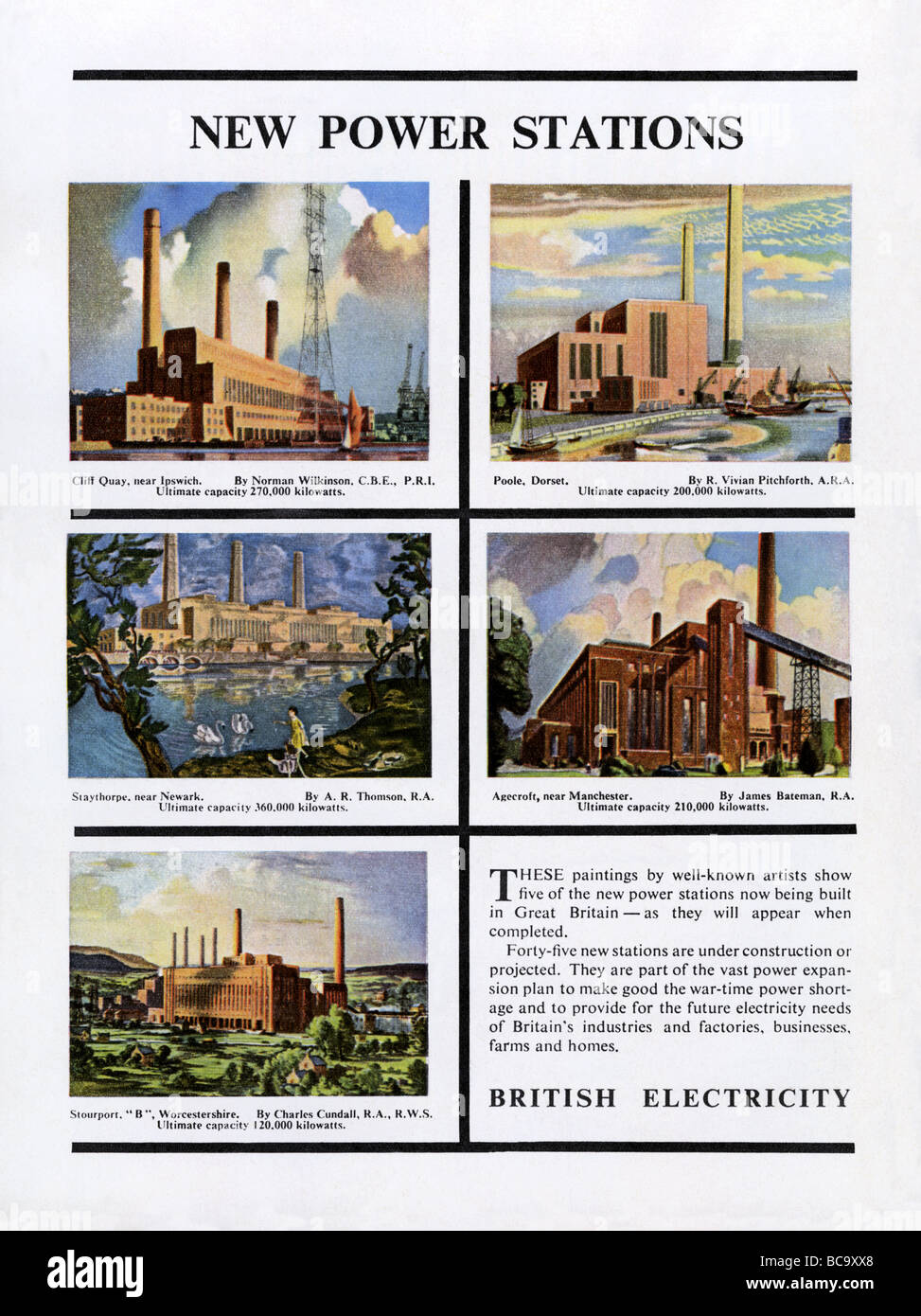 1951 Advertment für britische Strom zeigt neue Kohlekraftwerke in Poole, Staythorpe, Agecroft, Ipswich, Stourport Stockfoto